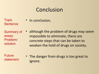 Conclusion
Topic        • In conclusion,
Sentence

Summary of   • although the problem of drugs may seem
essay:         impossible to eliminate, there are
Problem/       concrete steps that can be taken to
solution
               weaken the hold of drugs on society.

Future       • The danger from drugs is too great to
statement
               ignore.
 