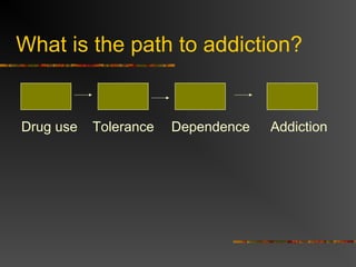 What is the path to addiction?
Drug use Tolerance Dependence Addiction
 