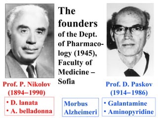 The
founders
of the Dept.
of Pharmaco-
logy (1945),
Faculty of
Medicine −
Sofia
Prof. P. Nikolov
(1894−1990)
• D. lanata
• A. belladonna
Prof. D. Paskov
(1914−1986)
• Galantamine
• Aminopyridine
Morbus
Alzheimeri
 