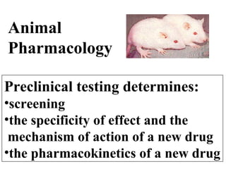 Animal
Pharmacology
Preclinical testing determines:
•screening
•the specificity of effect and the
mechanism of action of a new drug
•the pharmacokinetics of a new drug
 