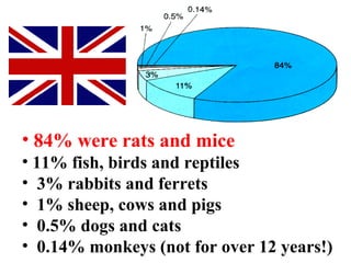 • 84% were rats and mice
• 11% fish, birds and reptiles
• 3% rabbits and ferrets
• 1% sheep, cows and pigs
• 0.5% dogs and cats
• 0.14% monkeys (not for over 12 years!)
 