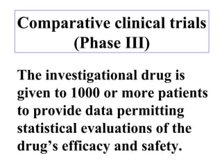 Comparative clinical trials
(Phase III)
The investigational drug is
given to 1000 or more patients
to provide data permitting
statistical evaluations of the
drug’s efficacy and safety.
 