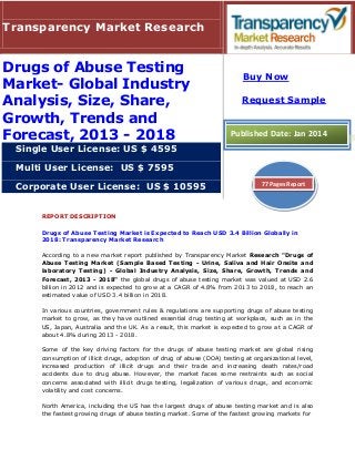 REPORT DESCRIPTION
Drugs of Abuse Testing Market is Expected to Reach USD 3.4 Billion Globally in
2018: Transparency Market Research
According to a new market report published by Transparency Market Research "Drugs of
Abuse Testing Market (Sample Based Testing - Urine, Saliva and Hair Onsite and
laboratory Testing) - Global Industry Analysis, Size, Share, Growth, Trends and
Forecast, 2013 - 2018" the global drugs of abuse testing market was valued at USD 2.6
billion in 2012 and is expected to grow at a CAGR of 4.8% from 2013 to 2018, to reach an
estimated value of USD 3.4 billion in 2018.
In various countries, government rules & regulations are supporting drugs of abuse testing
market to grow, as they have outlined essential drug testing at workplace, such as in the
US, Japan, Australia and the UK. As a result, this market is expected to grow at a CAGR of
about 4.8% during 2013 - 2018.
Some of the key driving factors for the drugs of abuse testing market are global rising
consumption of illicit drugs, adoption of drug of abuse (DOA) testing at organizational level,
increased production of illicit drugs and their trade and increasing death rates/road
accidents due to drug abuse. However, the market faces some restraints such as social
concerns associated with illicit drugs testing, legalization of various drugs, and economic
volatility and cost concerns.
North America, including the US has the largest drugs of abuse testing market and is also
the fastest growing drugs of abuse testing market. Some of the fastest growing markets for
Transparency Market Research
Drugs of Abuse Testing
Market- Global Industry
Analysis, Size, Share,
Growth, Trends and
Forecast, 2013 - 2018
Single User License: US $ 4595
Multi User License: US $ 7595
Corporate User License: US $ 10595
Buy Now
Request Sample
Published Date: Jan 2014
77 Pages Report
 