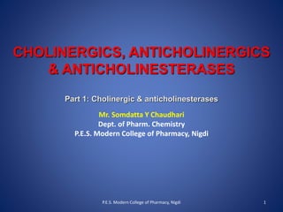CHOLINERGICS, ANTICHOLINERGICS
& ANTICHOLINESTERASES
Part 1: Cholinergic & anticholinesterases
Mr. Somdatta Y Chaudhari
Dept. of Pharm. Chemistry
P.E.S. Modern College of Pharmacy, Nigdi
P.E.S. Modern College of Pharmacy, Nigdi 1
 