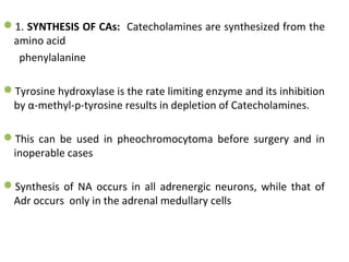 1. SYNTHESIS OF CAs: Catecholamines are synthesized from the
amino acid
phenylalanine
Tyrosine hydroxylase is the rate limiting enzyme and its inhibition
by α-methyl-p-tyrosine results in depletion of Catecholamines.
This can be used in pheochromocytoma before surgery and in
inoperable cases
Synthesis of NA occurs in all adrenergic neurons, while that of
Adr occurs only in the adrenal medullary cells
 