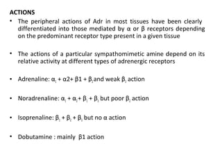 ACTIONS
• The peripheral actions of Adr in most tissues have been clearly
differentiated into those mediated by α or β receptors depending
on the predominant receptor type present in a given tissue
• The actions of a particular sympathomimetic amine depend on its
relative activity at different types of adrenergic receptors
• Adrenaline: α1 + α2+ β1 + β2and weak β3 action
• Noradrenaline: α1 + α2+ β1 + β3 but poor β2 action
• Isoprenaline: β1 + β2 + β3 but no α action
• Dobutamine : mainly β1 action
 