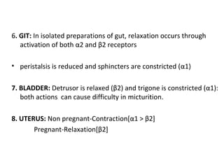 6. GIT: In isolated preparations of gut, relaxation occurs through
activation of both α2 and β2 receptors
• peristalsis is reduced and sphincters are constricted (α1)
7. BLADDER: Detrusor is relaxed (β2) and trigone is constricted (α1):
both actions can cause difficulty in micturition.
8. UTERUS: Non pregnant-Contraction[α1 > β2]
Pregnant-Relaxation[β2]
 
