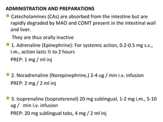 ADMINISTRATION AND PREPARATIONS
Catecholamines (CAs) are absorbed from the intestine but are
rapidly degraded by MAO and COMT present in the intestinal wall
and liver.
They are thus orally inactive
1. Adrenaline (Epinephrine): For systemic action, 0.2-0.5 mg s.c.,
i.m., action lasts ½ to 2 hours
PREP: 1 mg / ml inj
2. Noradrenaline (Norepinephrine,) 2-4 ug / min i.v. infusion
PREP: 2 mg / 2 ml inj
3. Isoprenaline (Isoproterenol) 20 mg sublingual, 1-2 mg i.m., 5-10
ug / min i.v. infusion
PREP: 20 mg sublingual tabs, 4 mg / 2 ml inj
 