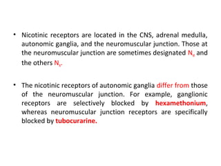 • Nicotinic receptors are located in the CNS, adrenal medulla,
autonomic ganglia, and the neuromuscular junction. Those at
the neuromuscular junction are sometimes designated NM and
the others NN.
• The nicotinic receptors of autonomic ganglia differ from those
of the neuromuscular junction. For example, ganglionic
receptors are selectively blocked by hexamethonium,
whereas neuromuscular junction receptors are specifically
blocked by tubocurarine.
 