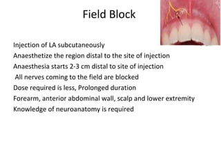 Field Block
Injection of LA subcutaneously
Anaesthetize the region distal to the site of injection
Anaesthesia starts 2-3 cm distal to site of injection
All nerves coming to the field are blocked
Dose required is less, Prolonged duration
Forearm, anterior abdominal wall, scalp and lower extremity
Knowledge of neuroanatomy is required
 