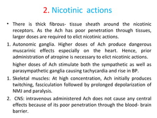 2. Nicotinic actions
• There is thick fibrous- tissue sheath around the nicotinic
receptors. As the Ach has poor penetration through tissues,
larger doses are required to elict nicotinic actions.
1. Autonomic ganglia. Higher doses of Ach produce dangerous
muscarinic effects especially on the heart. Hence, prior
administration of atropine is necessary to elict nicotinic actions.
higher doses of Ach stimulate both the sympathetic as well as
parasympathetic ganglia causing tachycardia and rise in BP.
1. Skeletal muscles: At high concentration, Ach initially produces
twitching, fasciculation followed by prolonged depolarization of
NMJ and paralysis.
2. CNS: intravenous administered Ach does not cause any central
effects because of its poor penetration through the blood- brain
barrier.
 