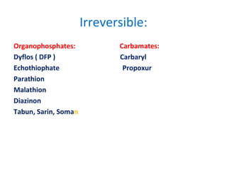Irreversible:
Organophosphates: Carbamates:
Dyflos ( DFP ) Carbaryl
Echothiophate Propoxur
Parathion
Malathion
Diazinon
Tabun, Sarin, Soman
 