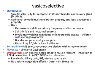 vasicoselective
• Oxybutynin:
– Specific selectivity for receptors in Urinary bladder and salivary gland
(M1/M3)
– Additional smooth muscle relaxation property and local anaesthetic
property
– Uses
• Detrussor instability – urinary frequency and incontinence
• Spina bifida and nocturnal enuresis
• Involuntary voiding in patients with neurologic disease - children
with meningomyelocele
• Bladder surgery - urologic surgery
• Dose: 5 mg BD/tds or local instillation
• Tolterodine – M3 selective–overactive bladder with urinary urgency
• Flavoxate – similar to Oxybutynin
• Drotaverine: Non anticholinergic smooth muscle relaxant – inhibition of
PDE-4 - elevation of cAMP/cGMP – sm relaxation
– Renal colic, biliary colic, IBS, uterine spasms etc.
– No anticholinergic side effects - Dose: 40 – 80 mg tds
 
