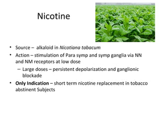 Nicotine
• Source – alkaloid in Nicotiana tabacum
• Action – stimulation of Para symp and symp ganglia via NN
and NM receptors at low dose
– Large doses – persistent depolarization and ganglionic
blockade
• Only Indication – short term nicotine replacement in tobacco
abstinent Subjects
 