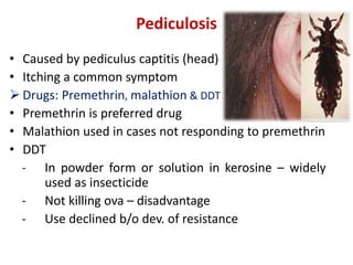 Pediculosis
• Caused by pediculus captitis (head)
• Itching a common symptom
 Drugs: Premethrin, malathion & DDT
• Premethrin is preferred drug
• Malathion used in cases not responding to premethrin
• DDT
- In powder form or solution in kerosine – widely
used as insecticide
- Not killing ova – disadvantage
- Use declined b/o dev. of resistance
 