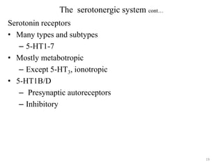 The serotonergic system cont…
Serotonin receptors
• Many types and subtypes
– 5-HT1-7
• Mostly metabotropic
– Except 5-HT3, ionotropic
• 5-HT1B/D
– Presynaptic autoreceptors
– Inhibitory

19

 