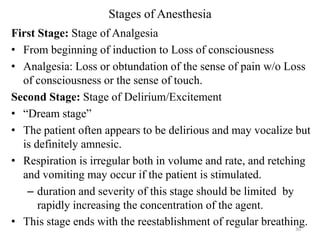 Stages of Anesthesia
First Stage: Stage of Analgesia
• From beginning of induction to Loss of consciousness
• Analgesia: Loss or obtundation of the sense of pain w/o Loss
of consciousness or the sense of touch.
Second Stage: Stage of Delirium/Excitement
• “Dream stage”
• The patient often appears to be delirious and may vocalize but
is definitely amnesic.
• Respiration is irregular both in volume and rate, and retching
and vomiting may occur if the patient is stimulated.
– duration and severity of this stage should be limited by
rapidly increasing the concentration of the agent.
• This stage ends with the reestablishment of regular breathing.
30

 