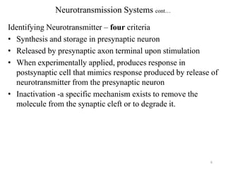 Neurotransmission Systems cont…
Identifying Neurotransmitter – four criteria
• Synthesis and storage in presynaptic neuron
• Released by presynaptic axon terminal upon stimulation
• When experimentally applied, produces response in
postsynaptic cell that mimics response produced by release of
neurotransmitter from the presynaptic neuron
• Inactivation -a specific mechanism exists to remove the
molecule from the synaptic cleft or to degrade it.

6

 