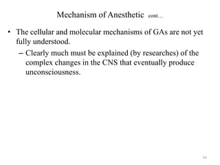 Mechanism of Anesthetic

cont…

• The cellular and molecular mechanisms of GAs are not yet
fully understood.
– Clearly much must be explained (by researches) of the
complex changes in the CNS that eventually produce
unconsciousness.

63

 