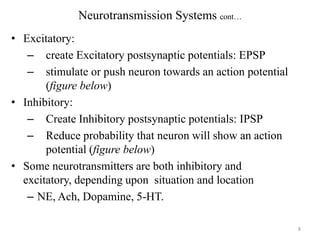 Neurotransmission Systems cont…
• Excitatory:
– create Excitatory postsynaptic potentials: EPSP
– stimulate or push neuron towards an action potential
(figure below)
• Inhibitory:
– Create Inhibitory postsynaptic potentials: IPSP
– Reduce probability that neuron will show an action
potential (figure below)
• Some neurotransmitters are both inhibitory and
excitatory, depending upon situation and location
– NE, Ach, Dopamine, 5-HT.
8

 