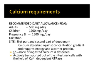 RECOMMENDED DAILY ALLOWANCE (RDA):
Adults – 500 mg /day
Children - 1200 mg /day
Pregnancy & -- 1500 mg /day
Lactation
SITE...