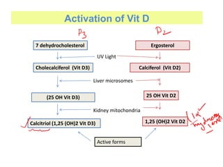Activation of Vit D
7 dehydrocholesterol Ergosterol
Cholecalciferol (Vit D3) Calciferol (Vit D2)
(25 OH Vit D3)
Calcitriol (1,25 (OH)2 Vit D3)
25 OH Vit D2
1,25 (OH)2 Vit D2
UV Light
Liver microsomes
Kidney mitochondria
Active forms
 