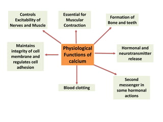 Physiological
Functions of
calcium
Controls
Excitability of
Nerves and Muscle
Essential for
Muscular
Contraction
Formation of
Bone and teeth
Hormonal and
neurotransmitter
release
Second
messenger in
some hormonal
actions
Blood clotting
Maintains
integrity of cell
membrane and
regulates cell
adhesion
 
