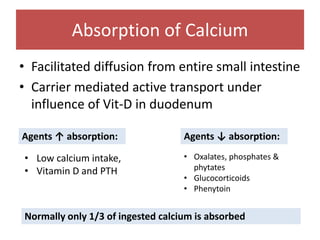 Absorption of Calcium
• Facilitated diffusion from entire small intestine
• Carrier mediated active transport under
influence of Vit-D in duodenum
• Low calcium intake,
• Vitamin D and PTH
• Oxalates, phosphates &
phytates
• Glucocorticoids
• Phenytoin
Agents ↑ absorption: Agents ↓ absorption:
Normally only 1/3 of ingested calcium is absorbed
 