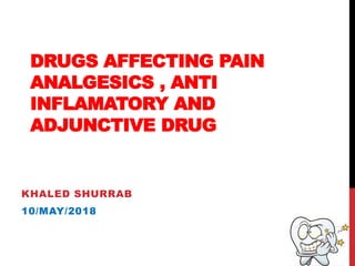 DRUGS AFFECTING PAIN
ANALGESICS , ANTI
INFLAMATORY AND
ADJUNCTIVE DRUG
KHALED SHURRAB
10/MAY/2018
 