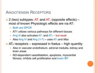 ANGIOTENSIN RECEPTORS
 2 (two) subtypes: AT1 and AT2 (opposite effects) –
most of known Physiologic effects are via AT1
 Both are GPCR
 AT1 utilizes various pathways for different tissues
 Ang III also activates AT1 and AT2 – but weak
 Also Ang IV and Ang (1-7) – uses AT4 and Mas
 AT2 receptors – expressed in foetus – high quantity
 Also in vascular endothelium, adrenal medulla, kidney and
brain areas
 NO-dependent vasodilatation, apoptosis, myocardial
fibrosis, inhibits cell proliferation and lower BP
 