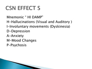 Mnemonic “ HI DAMP”
H-Hallucinations (Visual and Auditory )
I-Involuntary movements (Dyskinesia)
D-Depression
A-Anxiety
M-Mood Changes
P-Psychosis
 