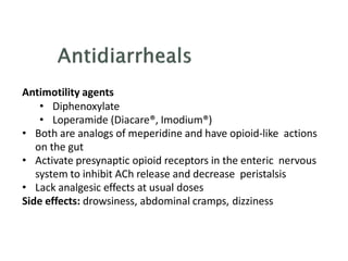 Antimotility agents
• Diphenoxylate
• Loperamide (Diacare®, Imodium®)
• Both are analogs of meperidine and have opioid-like actions
on the gut
• Activate presynaptic opioid receptors in the enteric nervous
system to inhibit ACh release and decrease peristalsis
• Lack analgesic effects at usual doses
Side effects: drowsiness, abdominal cramps, dizziness
 