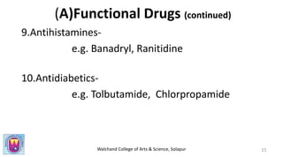 Walchand College of Arts & Science, Solapur
(A)Functional Drugs (continued)
9.Antihistamines-
e.g. Banadryl, Ranitidine
10.Antidiabetics-
e.g. Tolbutamide, Chlorpropamide
15
 
