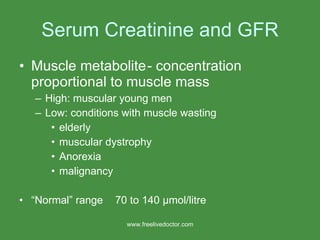Serum Creatinine and GFR Muscle metabolite - concentration  proportional to muscle mass High: muscular young men Low: conditions with muscle wasting elderly muscular dystrophy Anorexia malignancy “ Normal” range  70 to 140  μ mol/litre www.freelivedoctor.com 