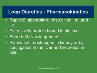 Loop Diuretics - Pharmacokinetics Rapid GI absorption.  Also given i.m. and i.v. Extensively protein bound in plasma Short half-lives in general Elimination: unchanged in kidney or by conjugation in the liver and secretion in bile. www.freelivedoctor.com 