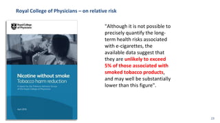 Royal College of Physicians – on relative risk
"Although it is not possible to
precisely quantify the long-
term health risks associated
with e-cigarettes, the
available data suggest that
they are unlikely to exceed
5% of those associated with
smoked tobacco products,
and may well be substantially
lower than this figure".
23
 
