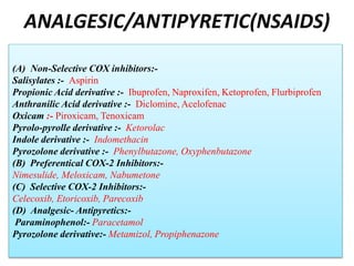 ANALGESIC/ANTIPYRETIC(NSAIDS)
(A) Non-Selective COX inhibitors:-
Salisylates :- Aspirin
Propionic Acid derivative :- Ibuprofen, Naproxifen, Ketoprofen, Flurbiprofen
Anthranilic Acid derivative :- Diclomine, Acelofenac
Oxicam :- Piroxicam, Tenoxicam
Pyrolo-pyrolle derivative :- Ketorolac
Indole derivative :- Indomethacin
Pyrozolone derivative :- Phenylbutazone, Oxyphenbutazone
(B) Preferentical COX-2 Inhibitors:-
Nimesulide, Meloxicam, Nabumetone
(C) Selective COX-2 Inhibitors:-
Celecoxib, Etoricoxib, Parecoxib
(D) Analgesic- Antipyretics:-
Paraminophenol:- Paracetamol
Pyrozolone derivative:- Metamizol, Propiphenazone
 