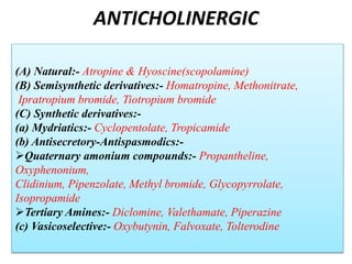 ANTICHOLINERGIC
(A) Natural:- Atropine & Hyoscine(scopolamine)
(B) Semisynthetic derivatives:- Homatropine, Methonitrate,
Ipratropium bromide, Tiotropium bromide
(C) Synthetic derivatives:-
(a) Mydriatics:- Cyclopentolate, Tropicamide
(b) Antisecretory-Antispasmodics:-
Quaternary amonium compounds:- Propantheline,
Oxyphenonium,
Clidinium, Pipenzolate, Methyl bromide, Glycopyrrolate,
Isopropamide
Tertiary Amines:- Diclomine, Valethamate, Piperazine
(c) Vasicoselective:- Oxybutynin, Falvoxate, Tolterodine
 