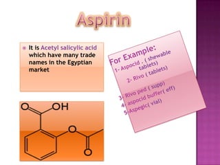 AspirinFor Example:      1- Aspocid. ( shewable                    tablets)        2- Rivo( tablets)                  3- Rivoped( supp)4- aspocid buffer( eff)        5-Aspegic( vial)                  It is Acetyl salicylic acid which have many trade names in the Egyptian market 