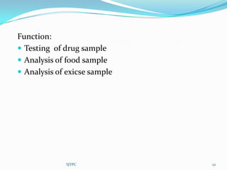 Function:
 Testing of drug sample
 Analysis of food sample
 Analysis of exicse sample




             SJTPC            22
 