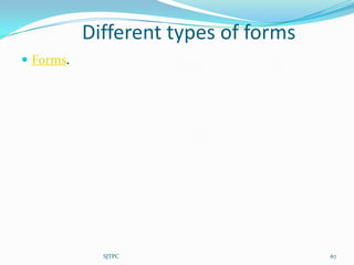 Different types of forms
 Forms.




             SJTPC                    67
 