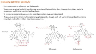 Increasing activity or selectivity
• From vancomycin to telavancin and dalbavancin
• Vancomycin-a natural antibiotic used to treat a number of bacterial infections. However, in resistant bacteria
vancomycin could not prevent cell wall synthesis.
• To overcome resistance to vancomycin, second generation drugs were developed.
• Telavancin-a semisynthetic multifunctional lipoglycopeptide, disrupts both cell wall synthesis and cell membrane
integrity in methicillin resistant Staphylococcus aureus.
Televancin Dalbavancin
 