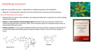 Simplifying structures
Large size and complex structure : unfavorable for solubility, absorption and metabolism.
• Objective: To decrease the molecular size and to eliminate the unnecessary functional groups
Ex: From halichondrin B to eribulin
• Halochondrin B, a marine natural product, was originally isolated from a Japanese rare marine sponge
(Halichondria okadai)
• Eribulin, a novel synthetic antimicrotubule agent that binds to the vinca domain of tubulin and
inhibits the polymerization of tubulin, offers a new treatment option for metastatic breast cancer or
locally advanced breast cancer.
• Eribulin mesylate is a structurally simplified synthetic macrocyclic ketone analogue of halichondrin B,
an antimitotic agent that exhibits potent anticancer effects in both in vitro and in vivo models of
cancer
Eribulin
 