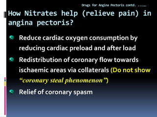 How Nitrates help (relieve pain) in
angina pectoris?
Drugs for Angina Pectoris contd. ...……
Reduce cardiac oxygen consumption by
reducing cardiac preload and after load
Redistribution of coronary flow towards
ischaemic areas via collaterals (Do not show
“coronary steal phenomenon”)
Relief of coronary spasm
 