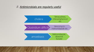 B. Antimicrobials are regularly useful
cholera
Tetracyclines,
chloramphenicol
etc
Clostridium difficile
Vancomycin,
metronidazole etc
amoebiasis
Metronidazole,
dioxonid
furoate
 