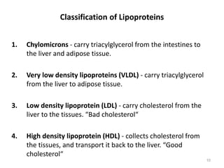 Classification of Lipoproteins
1. Chylomicrons - carry triacylglycerol from the intestines to
the liver and adipose tissue.
2. Very low density lipoproteins (VLDL) - carry triacylglycerol
from the liver to adipose tissue.
3. Low density lipoprotein (LDL) - carry cholesterol from the
liver to the tissues. “Bad cholesterol“
4. High density lipoprotein (HDL) - collects cholesterol from
the tissues, and transport it back to the liver. “Good
cholesterol“
10
 