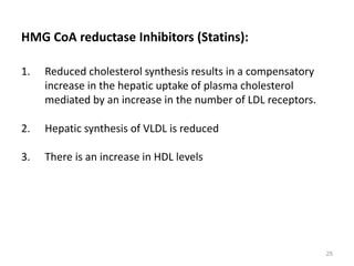 HMG CoA reductase Inhibitors (Statins):
1. Reduced cholesterol synthesis results in a compensatory
increase in the hepatic uptake of plasma cholesterol
mediated by an increase in the number of LDL receptors.
2. Hepatic synthesis of VLDL is reduced
3. There is an increase in HDL levels
25
 