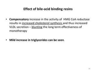 • Compensatory increase in the activity of HMG CoA reductase
results in increased cholesterol synthesis and thus increased
VLDL secretion – blunting the long term effectiveness of
monotherapy
• Mild increase in triglycerides can be seen.
Effect of bile-acid binding resins
35
 