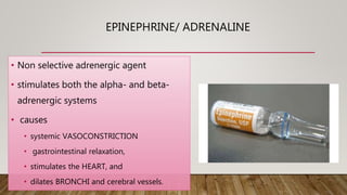 EPINEPHRINE/ ADRENALINE
• Non selective adrenergic agent
• stimulates both the alpha- and beta-
adrenergic systems
• causes
• systemic VASOCONSTRICTION
• gastrointestinal relaxation,
• stimulates the HEART, and
• dilates BRONCHI and cerebral vessels.
 