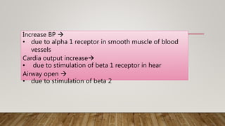 Increase BP 
• due to alpha 1 receptor in smooth muscle of blood
vessels
Cardia output increase
• due to stimulation of beta 1 receptor in hear
Airway open 
• due to stimulation of beta 2
 